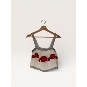 Forever 21 White Floral Embroidered Crop Top with Blue Trim Boho